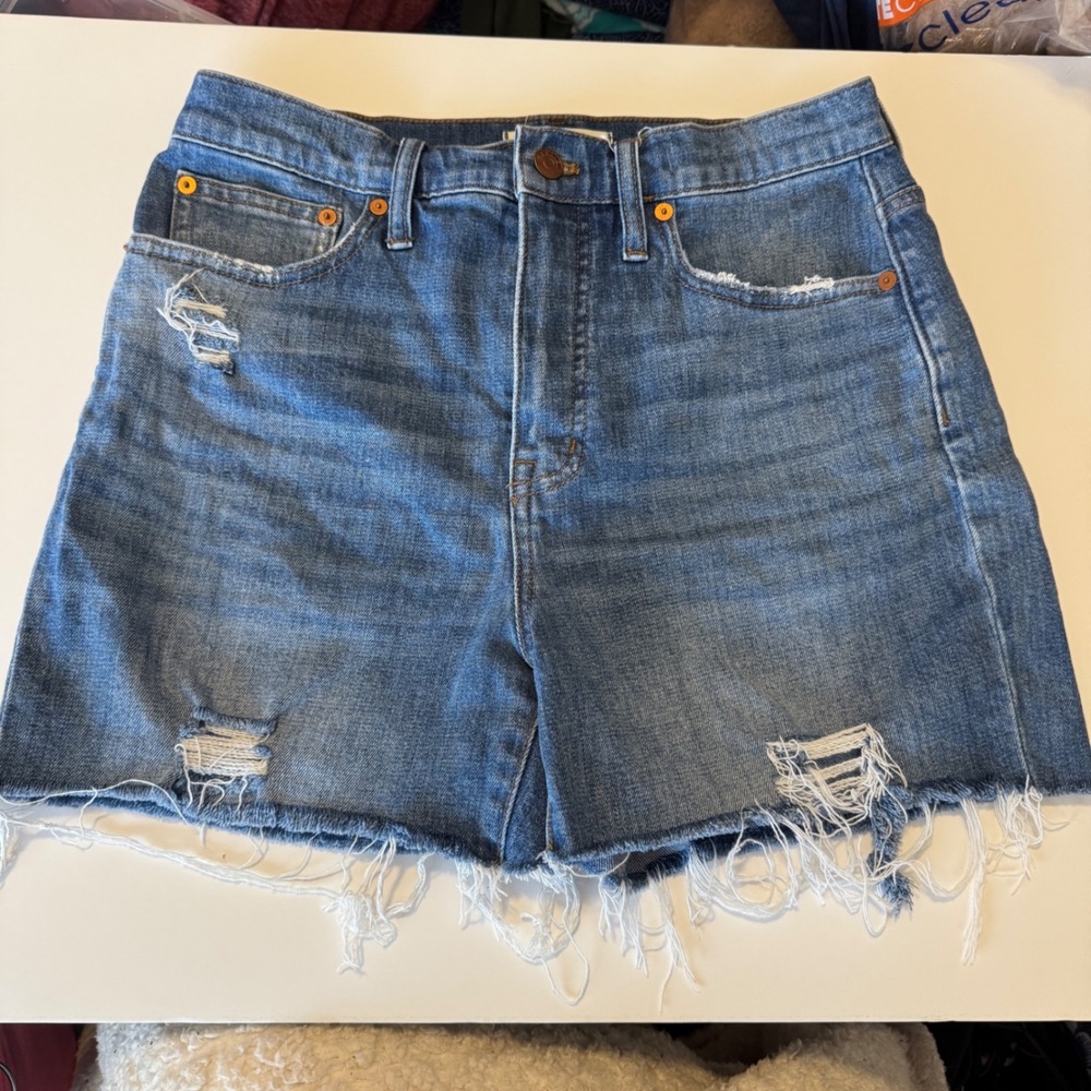 Madewell High-Rise Denim Mid-Length Shorts 27 Medium Wash Distressed Raw Hem